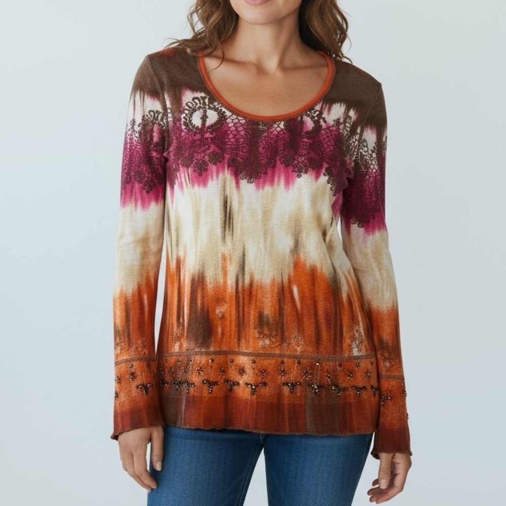 [42/Xl]Marc Aurel Embellished Multi Color L/S Wool Blend Blouse